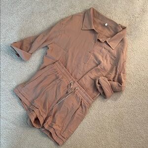 Stylish Tan Button-Up Shirt and Shorts Set